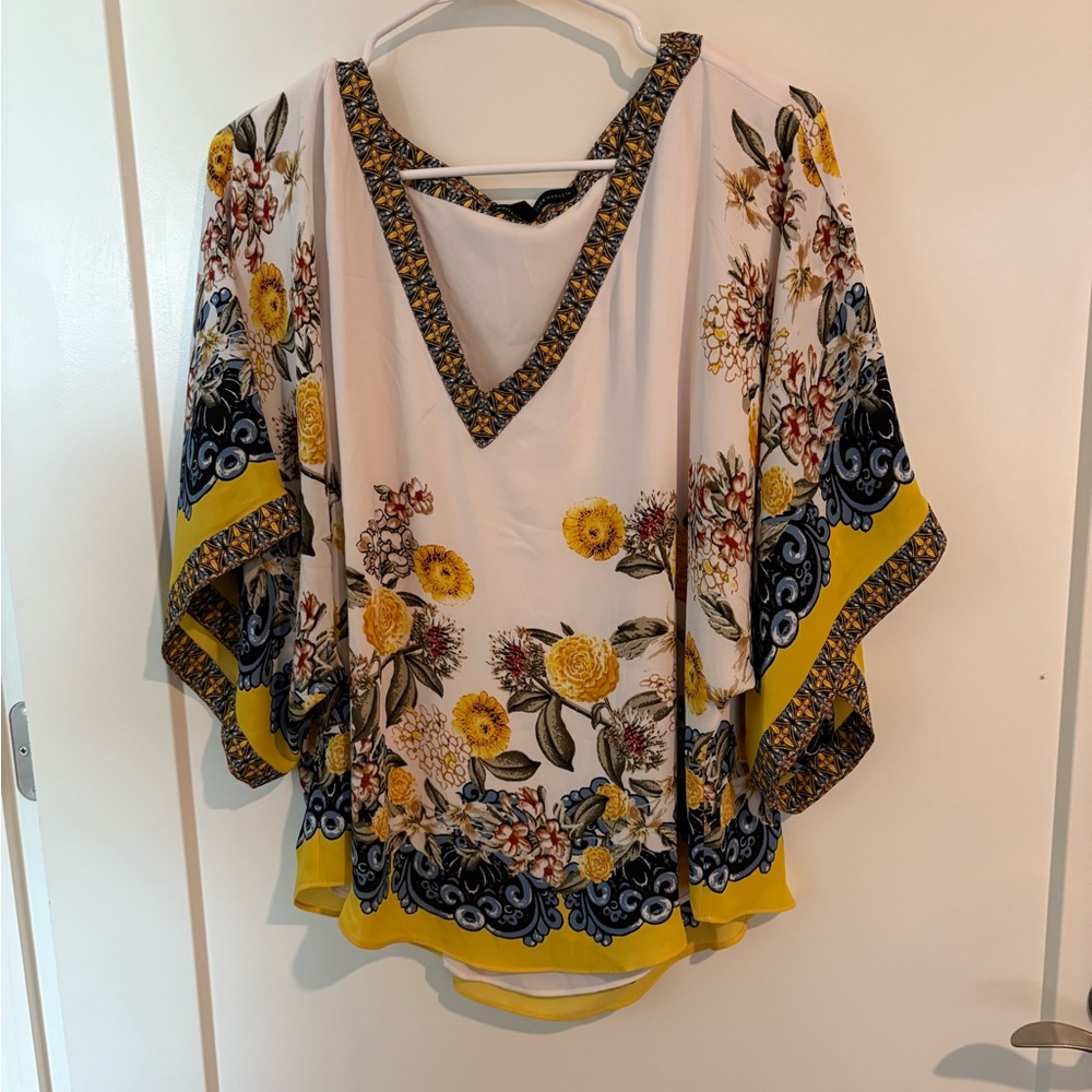 White House Black Market Yellow and Black Embellished Blouse with Dolman Sleeves